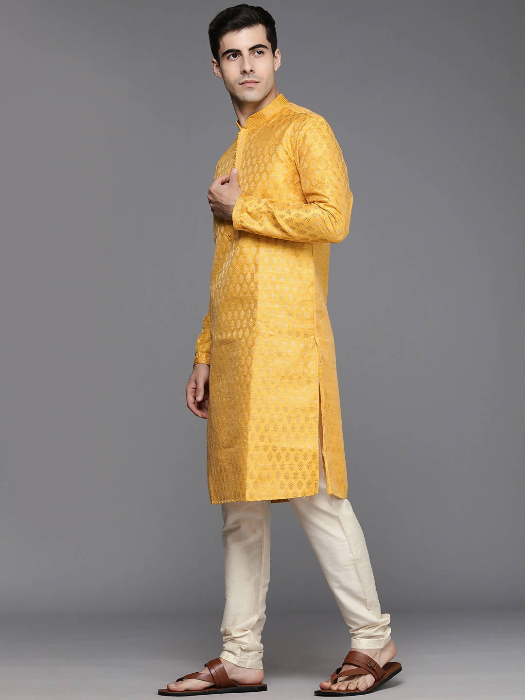 Manyavar Men Mustard Yellow Woven Design Kurta with Churidar ...