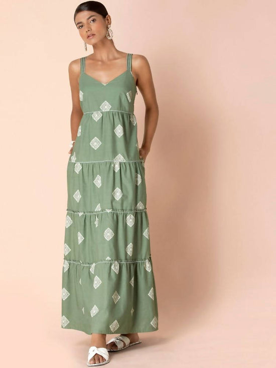 Buy Women Green Bandhani Print Cotton Dress With Belt (Set Of 2) - Feed- Dress - Indya