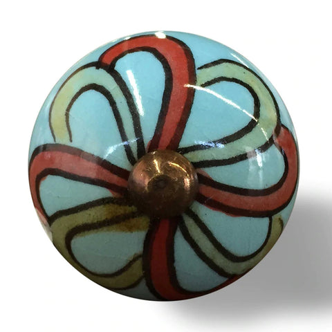 Bohemian Floral Turquoise Handprinted Ceramic Knobs