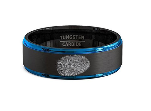 Finger Print Engraved Two-Tone Black Brushed Tungsten Ring