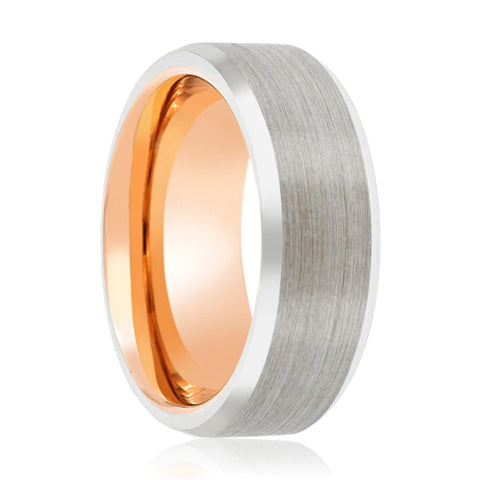 Rose Gold Tungsten Ring Silver Brushed Beveled