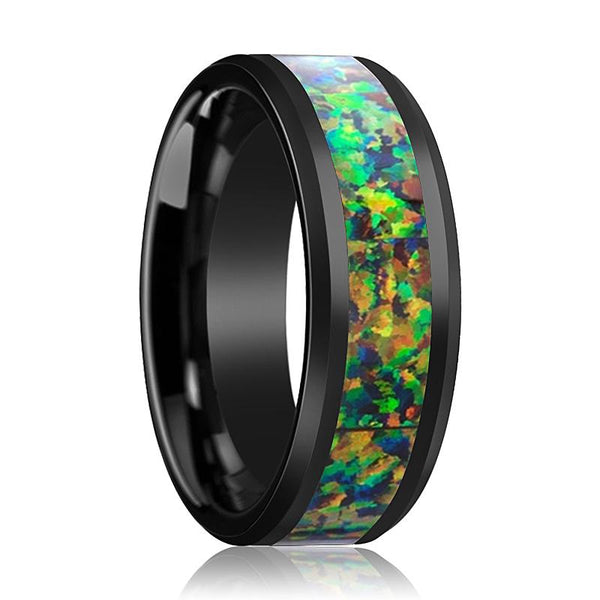 Koa Wood Inlay Ring in Beveled Black Ceramic