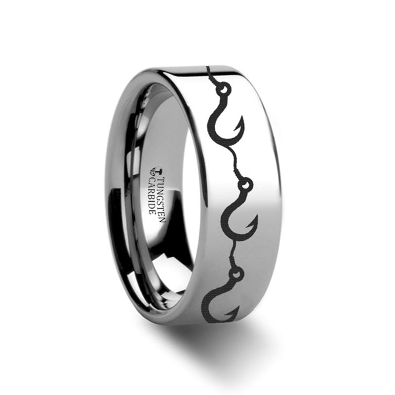 Salmon Fish Sea Pattern Print Flat Tungsten Wedding Band for Men and W