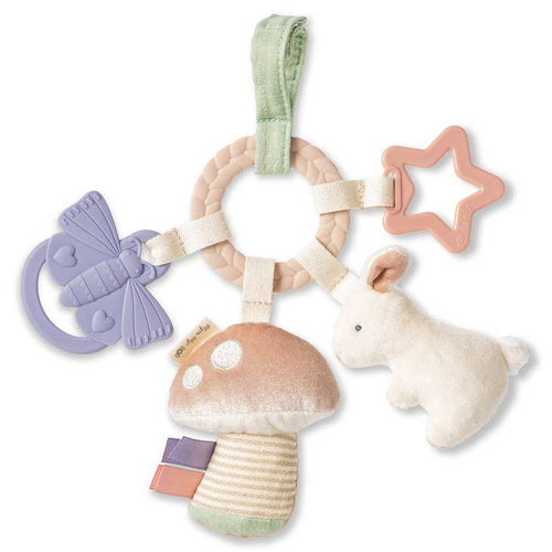 Itzy Rtizy bunny Bitzy busy ring teething activity toy against white backdrop