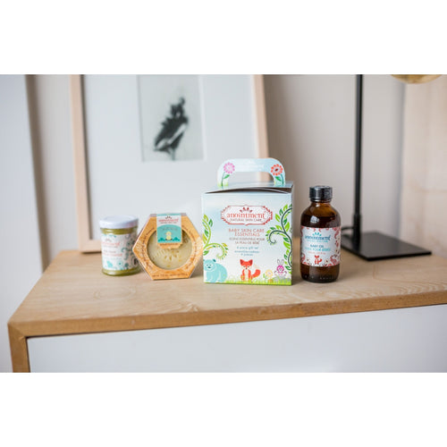 items of gift set displayed on wood countertop.