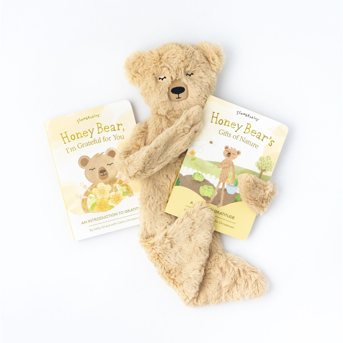 Slumberkins honey bear 2 book bundle against white backdrop