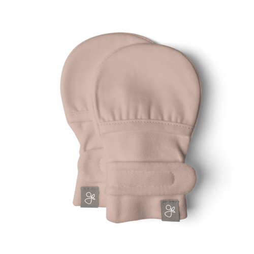 Goumikids rose bamboo organic cotton stay-on mitts against white backdrop