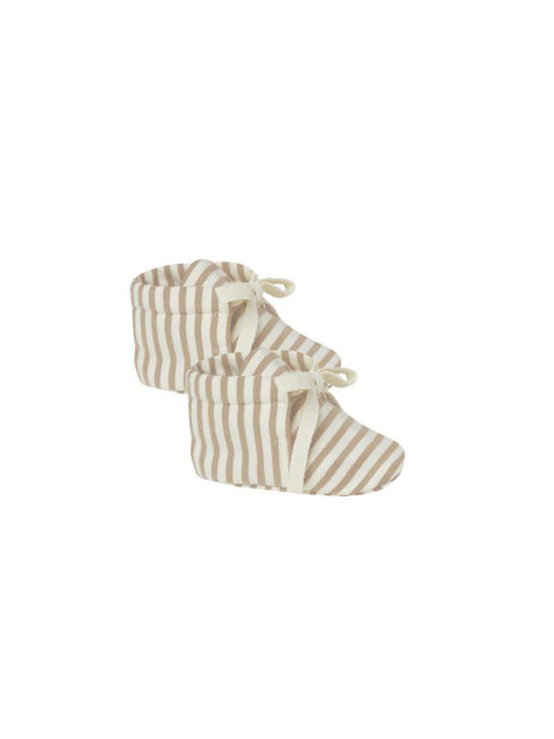 Quincy Mae warm grey stripe baby booties against white backdrop