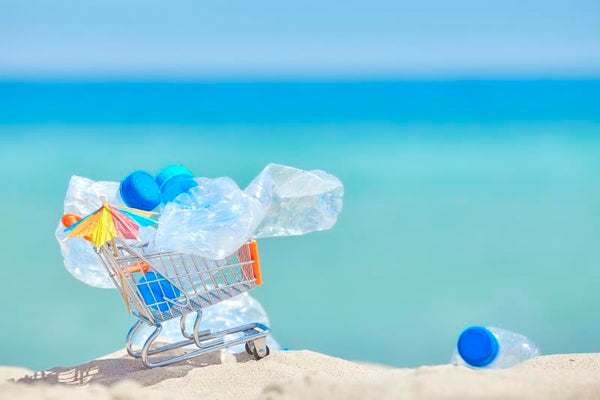 Plastic bottles in shopping cart on beach