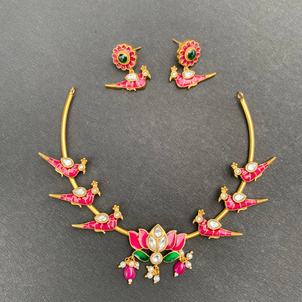 Kundan parrots statement earrings and hasli
