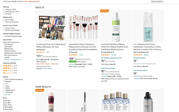 screenshot of Amazon search results for best makeup brands