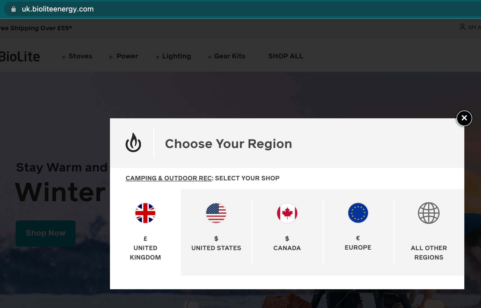 Screenshot of BioLite website with region picker pop-up