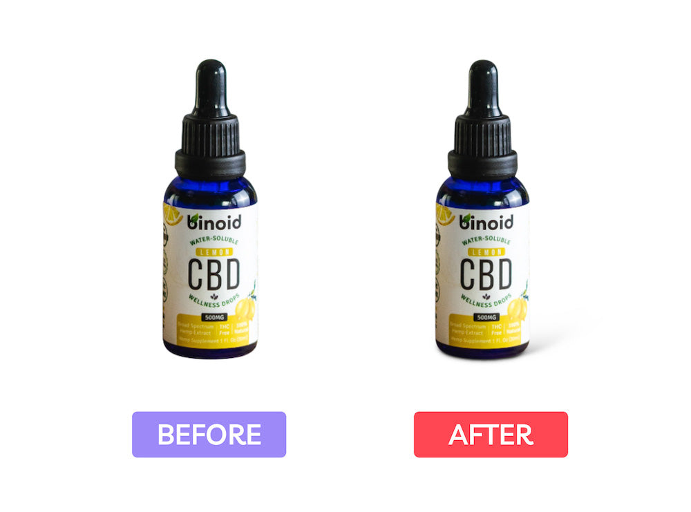 before and after comparison of CBD product photos with and without drop shadow