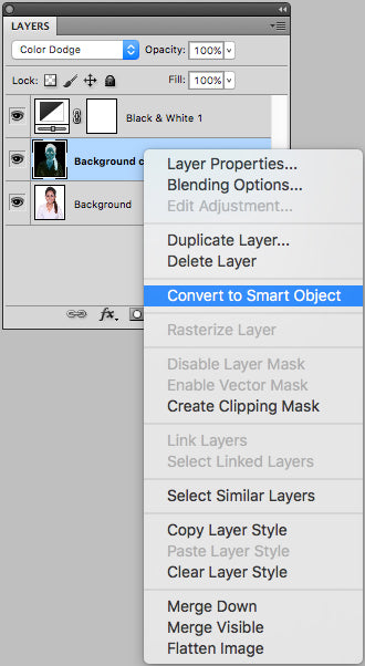 Convert black and white layer to smart object