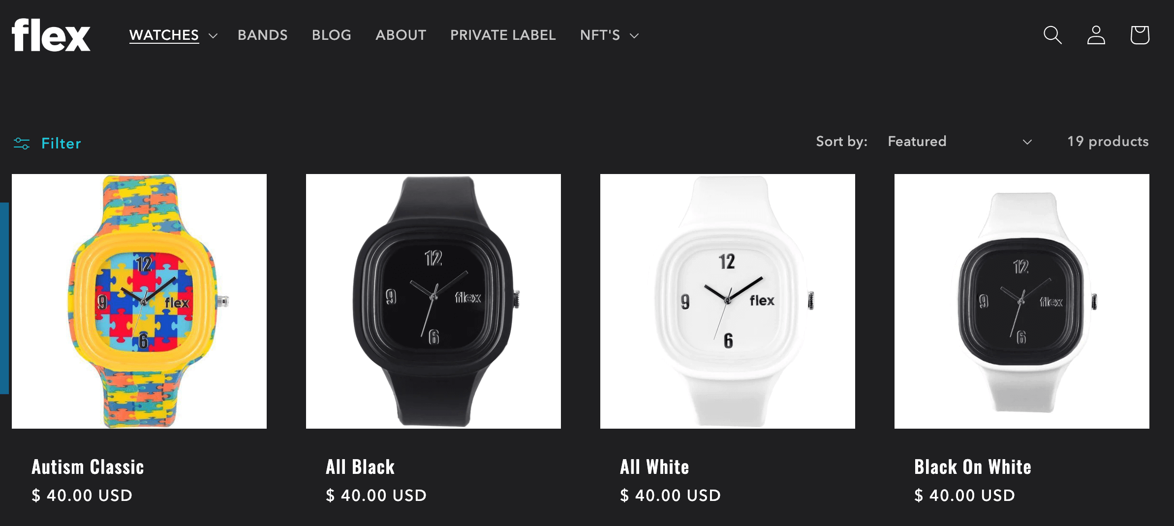 screenshot of Flex Watches product listings