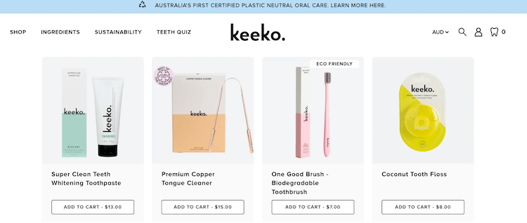 screenshot of Keeko shop page showing several product thumbnails