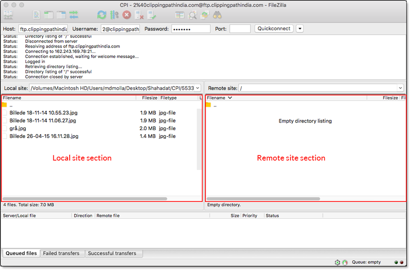 Local site section and remote site section on ftp