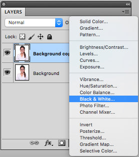 Make a new black and white photo by clicking on lower portion of layer panel