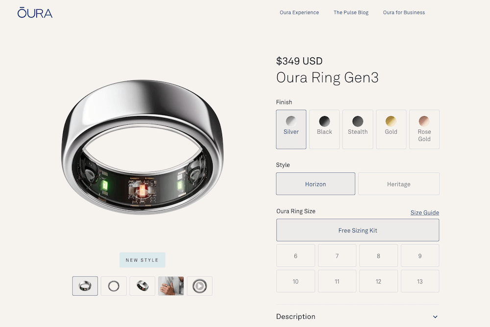 screenshot of Oura ring product page