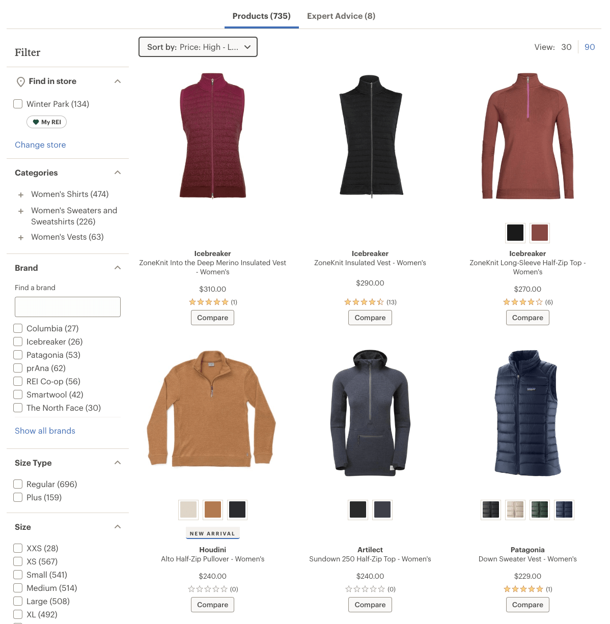 screenshot of REI product page with thumbnails featuring ghost mannequin photography