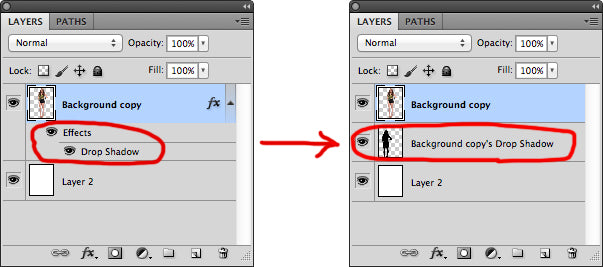 Showing new layer created from drop shadow option