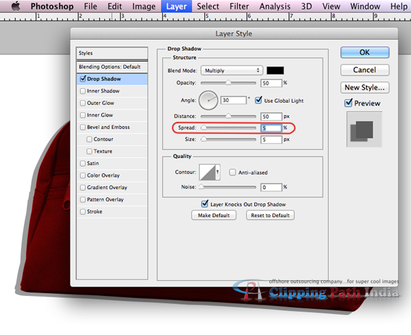 Spread option drop shadow