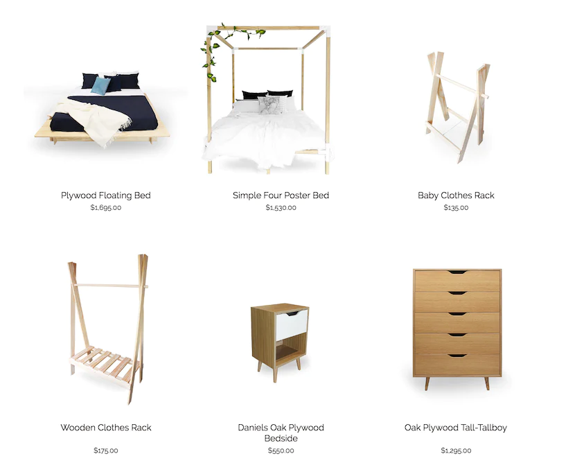 Screenshot of The Mood Store main product images of beds, clothing racks, a bedside table, and a dresser