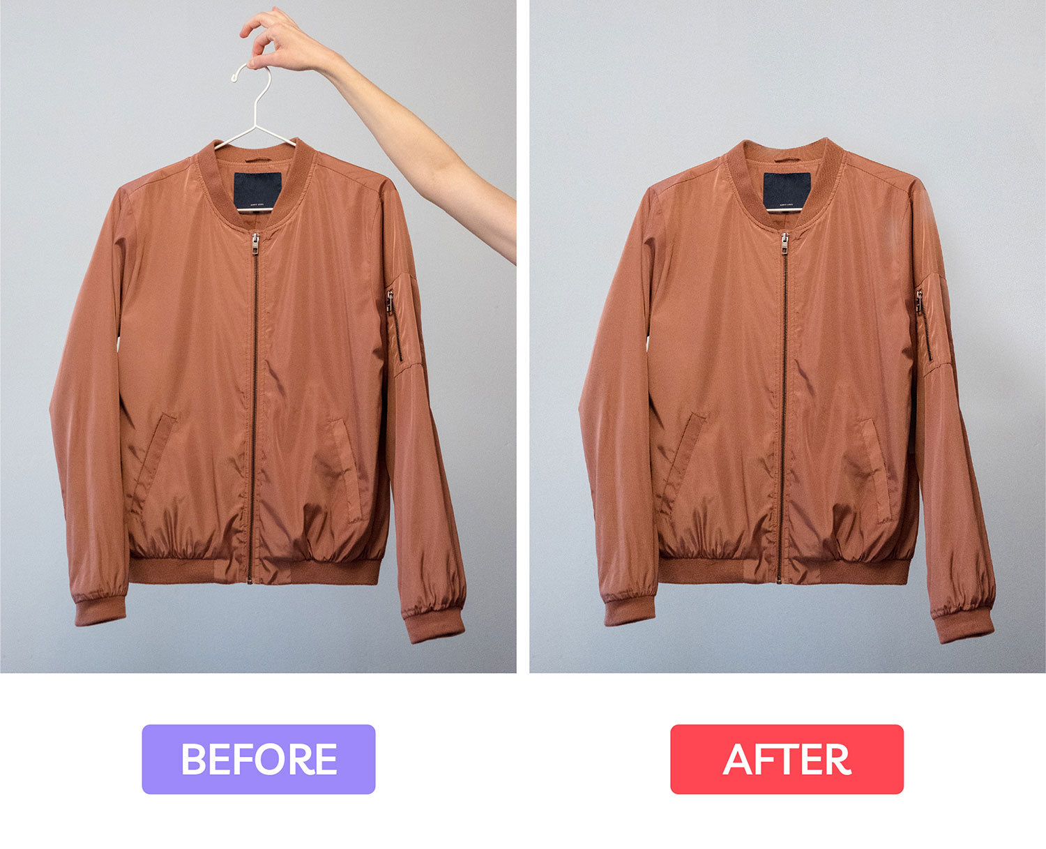 before and after product photo of brown jacket with a hanger and hand and without