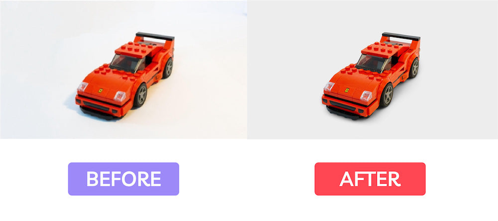 before and after product photo of red toy car