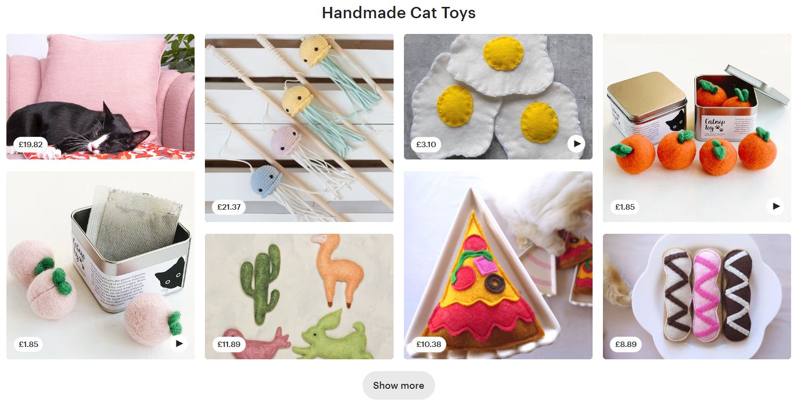 Screenshot of Etsy product collection of handmade cat toys