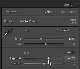 screenshot of Adobe Lightroom exposure slider