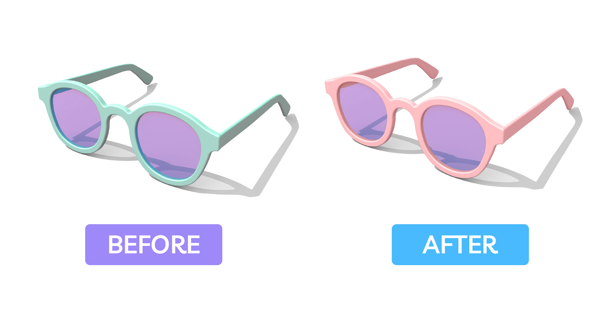 before after photos of sunglasses, the left are green and the right are pink