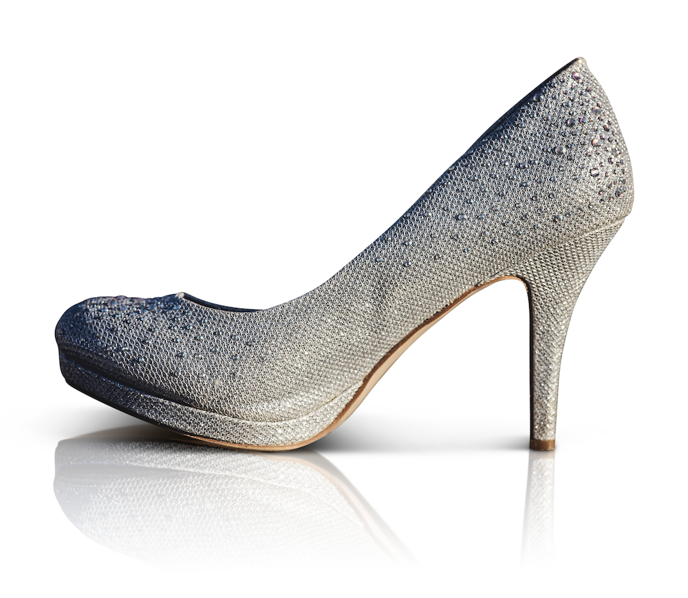 product photo of glittery high heel stilleto white background shadow