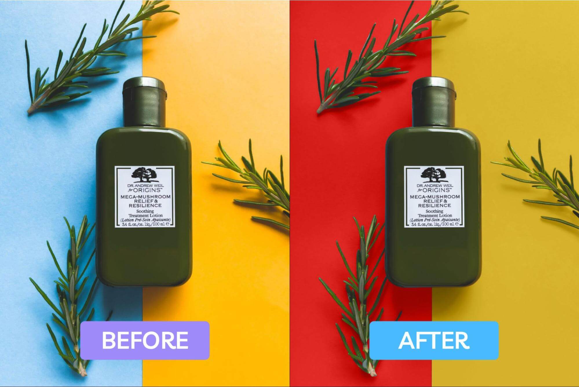 before after photo of product shot with regular background and one with holiday background