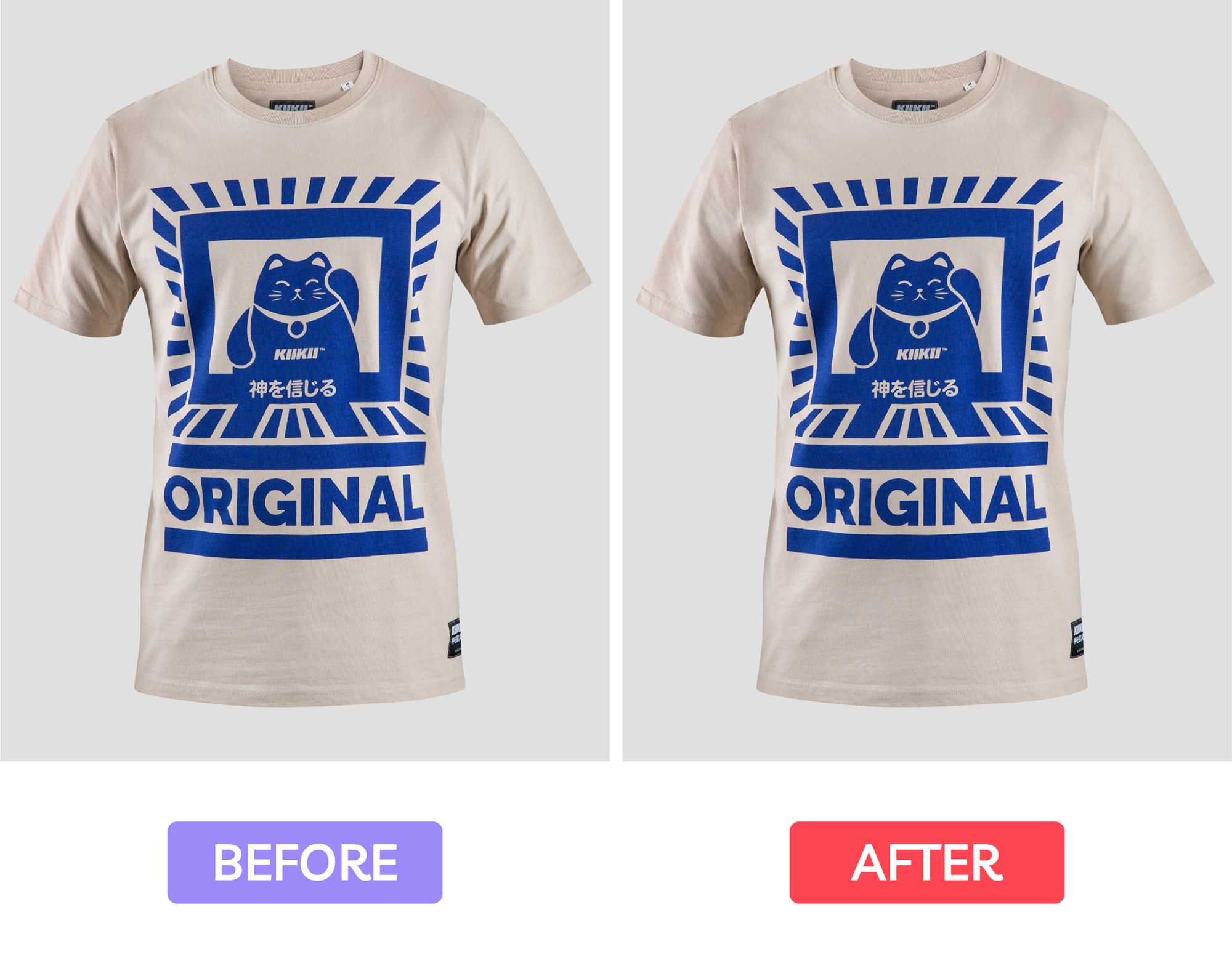 before after shot of a t-shirt product photo with wrinkles and without wrinkles