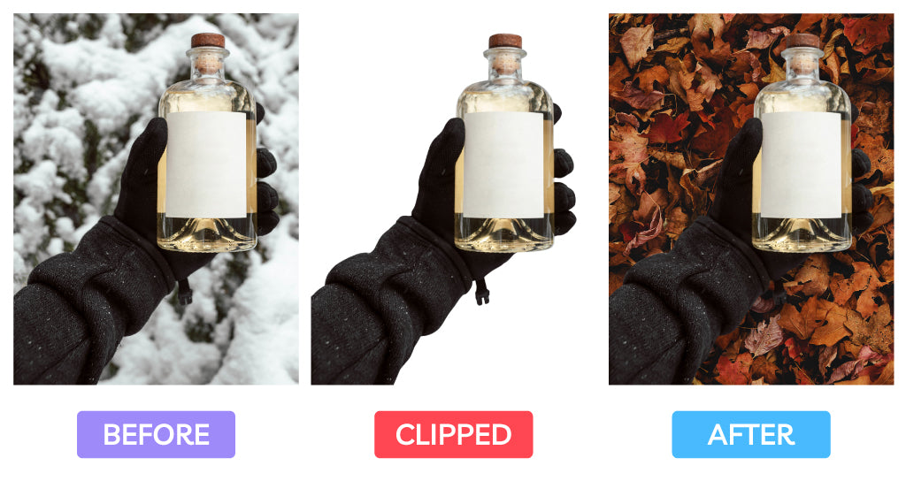 image showing product photo of bottle with a winter scene, clipped background, and an autumn scene