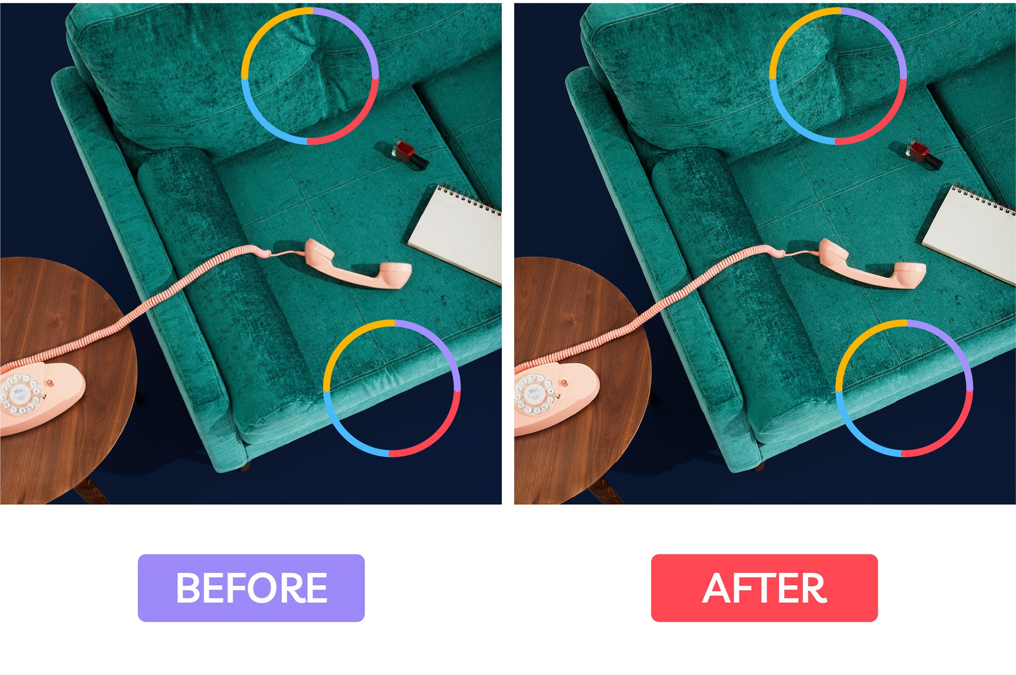 before and after images of product photo of pillow on couch, with wrinkles and without