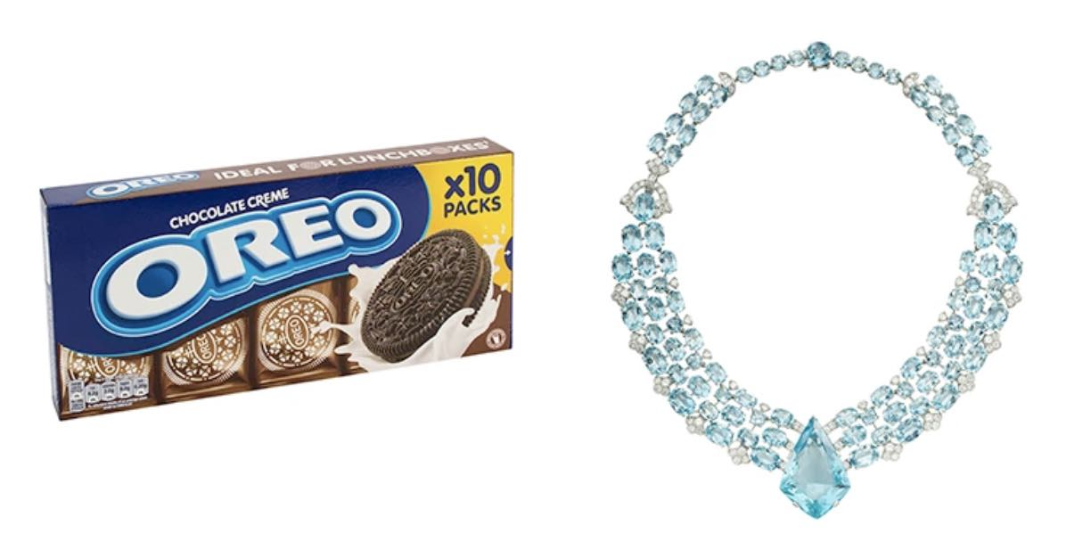 A box of Oreos would cost less to edit compared to a detailed necklace.