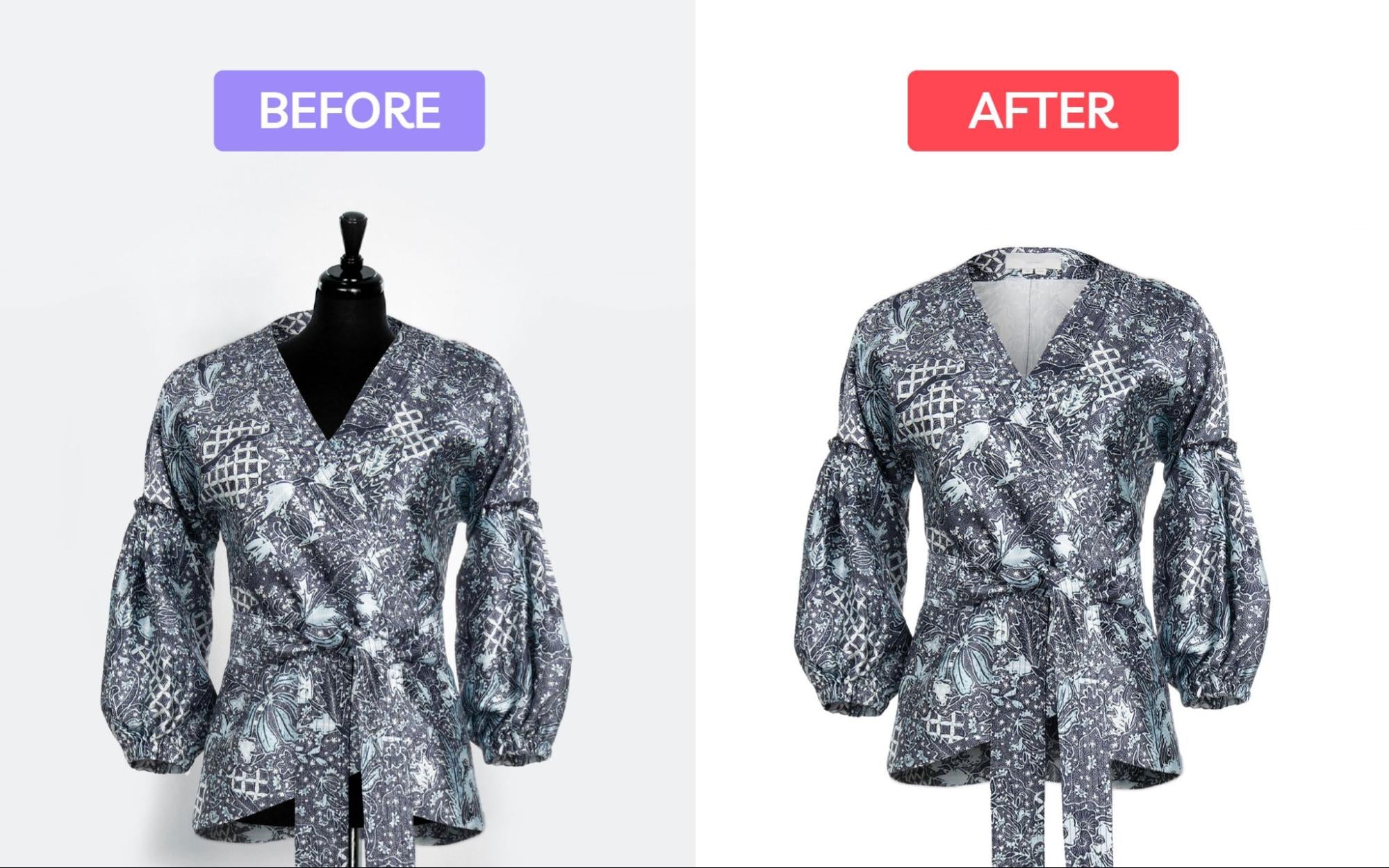 before and after of ghost mannequin product photo of designer jacket