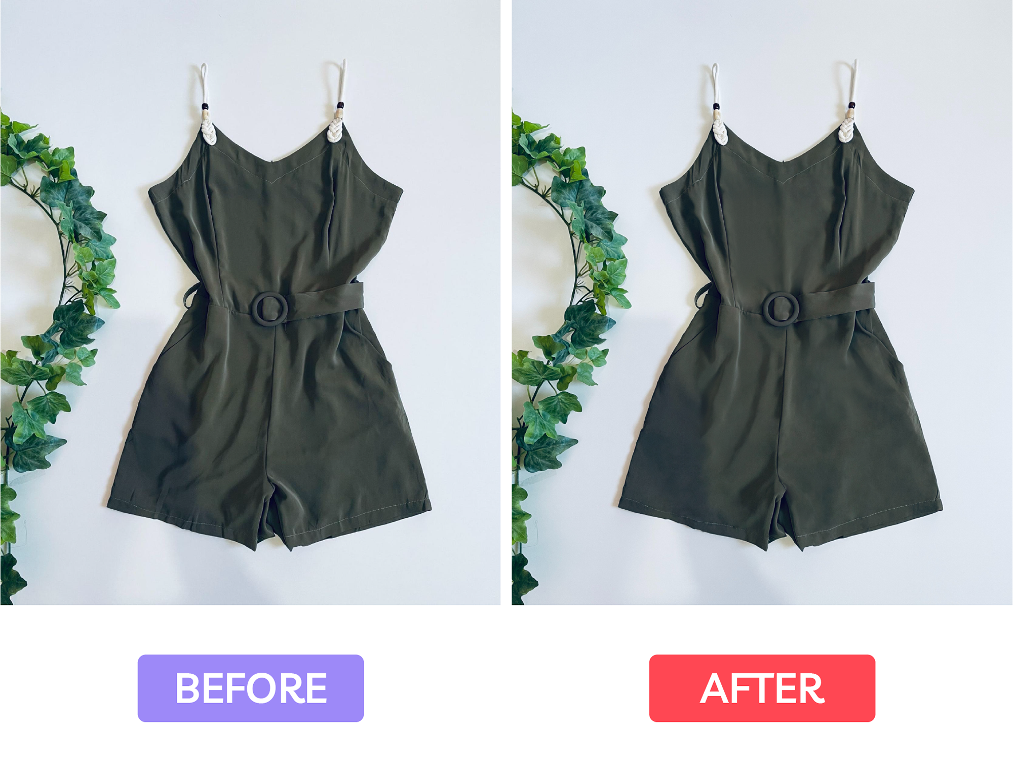 before and after image of product photo of a romper with wrinkles and without wrinkles