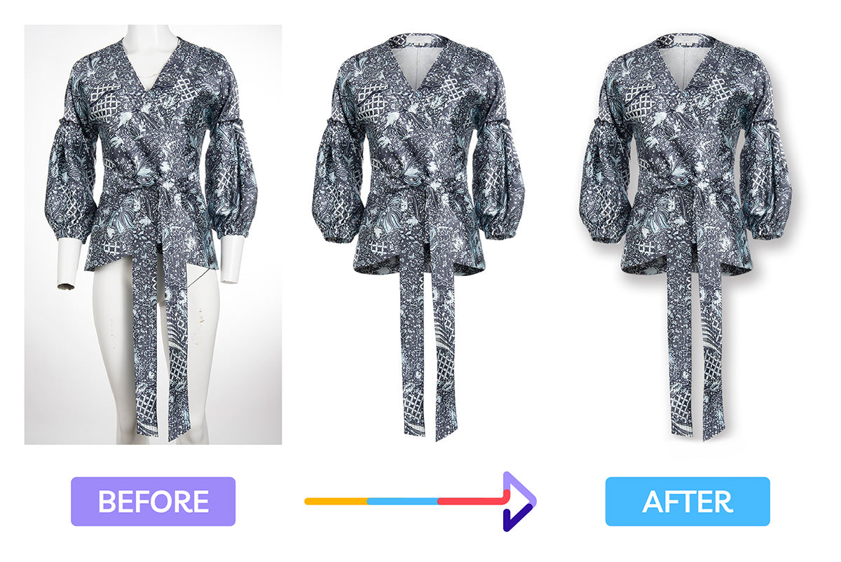 three product photos showing a women's top with a ghost mannequin and then edited to remove the mannequin