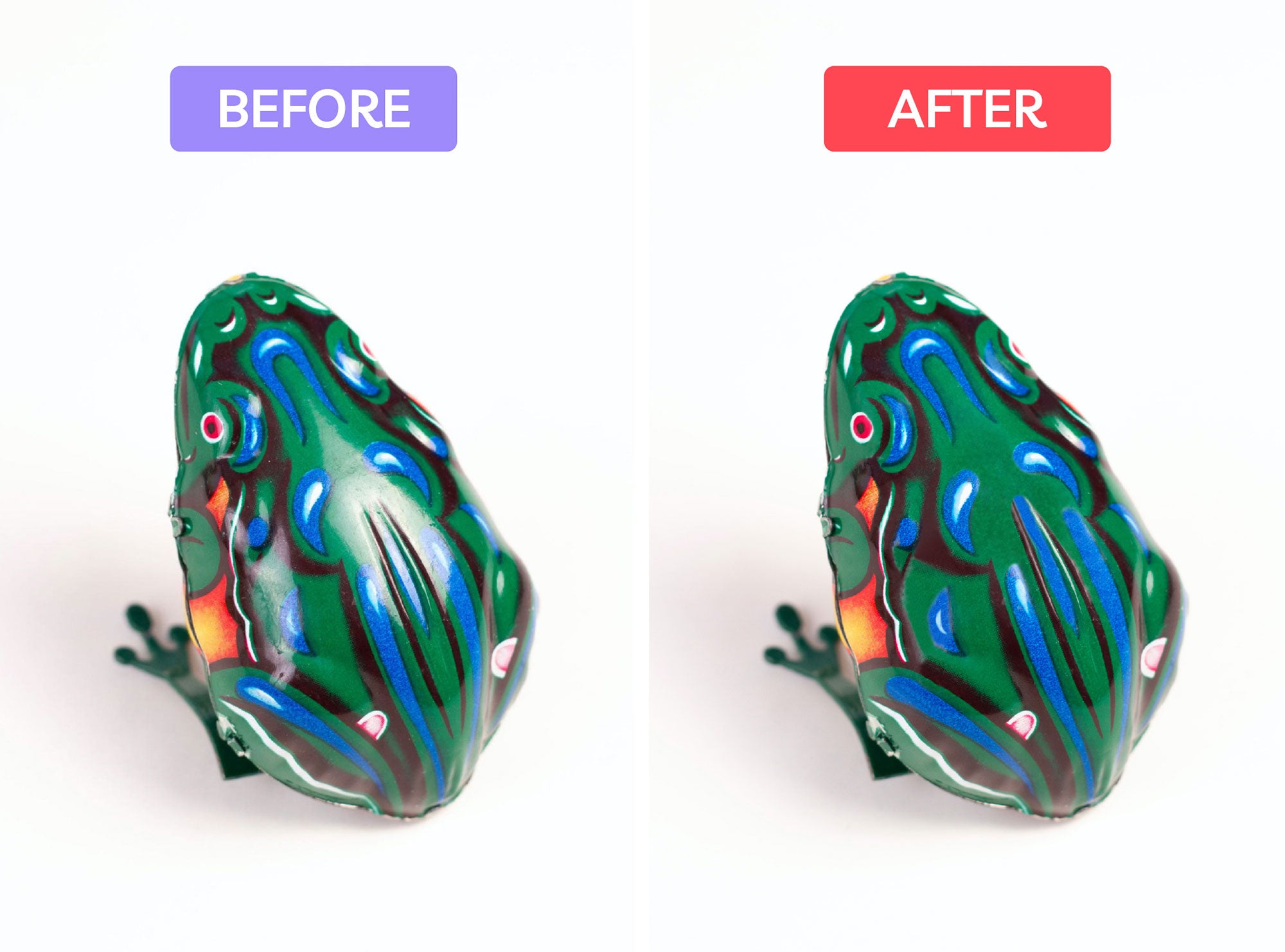 before after image of frog product with light glare and a shot of it edited out