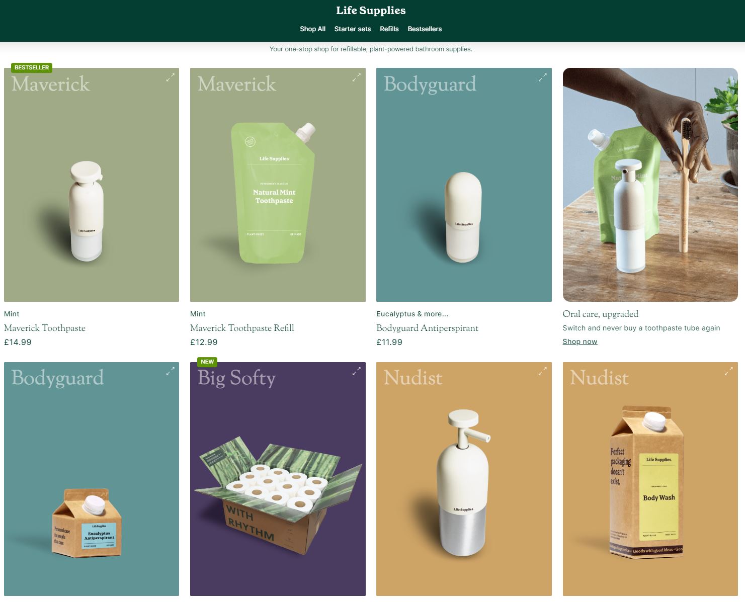 Screenshot of Life Supplies website with product listing thumbnails