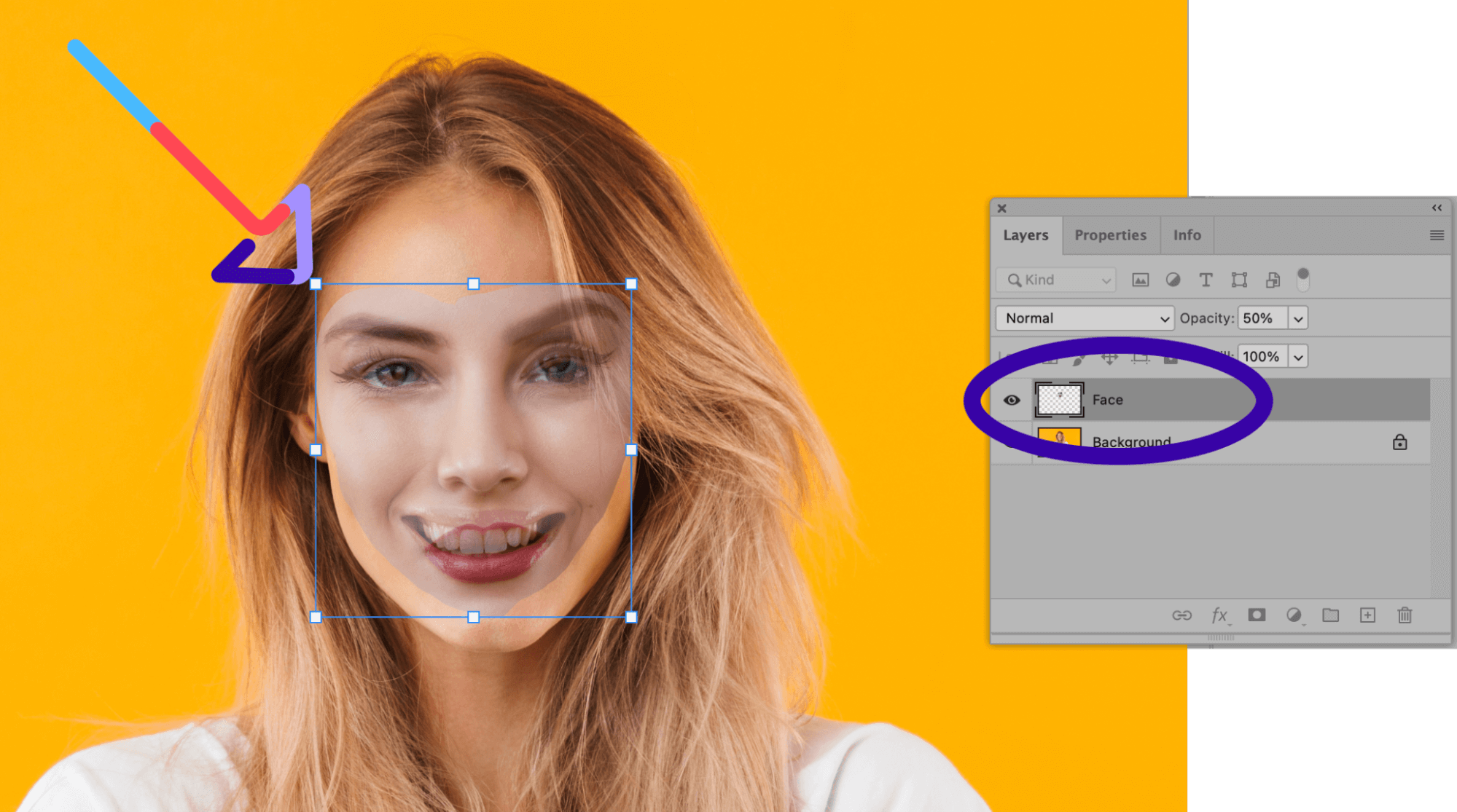 Photoshop screenshot showing how to line up and resize faces