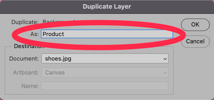 screenshot of Photoshop dialog box to name new layer