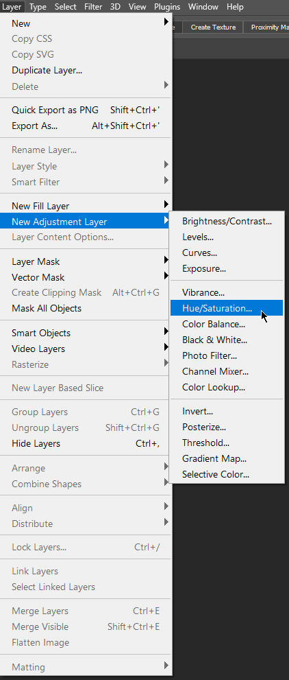 screenshot of new adjustment layer hue saturation