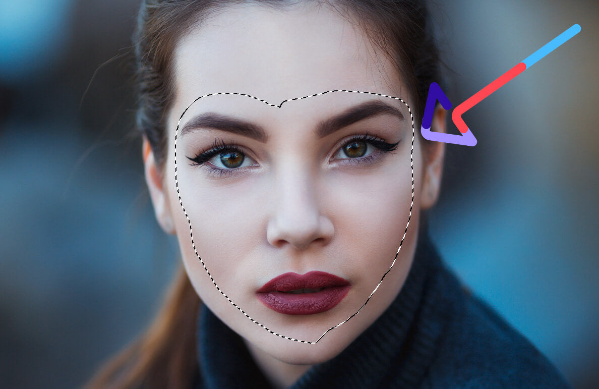 Photoshop screenshot showing original model's face outlined with marching ants