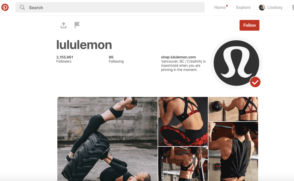 Pinterest for ecommerce following lululemon