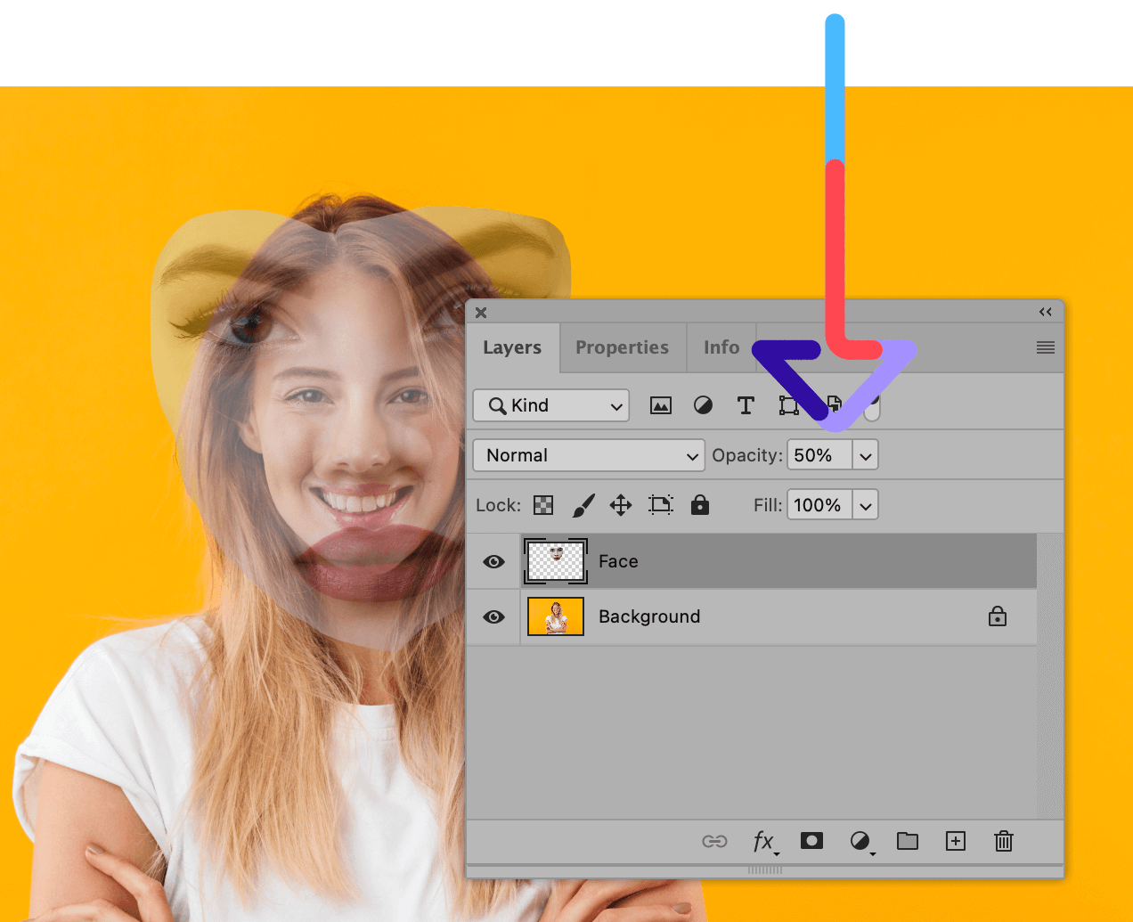 reduce opacity of face layer to 50% in Photoshop