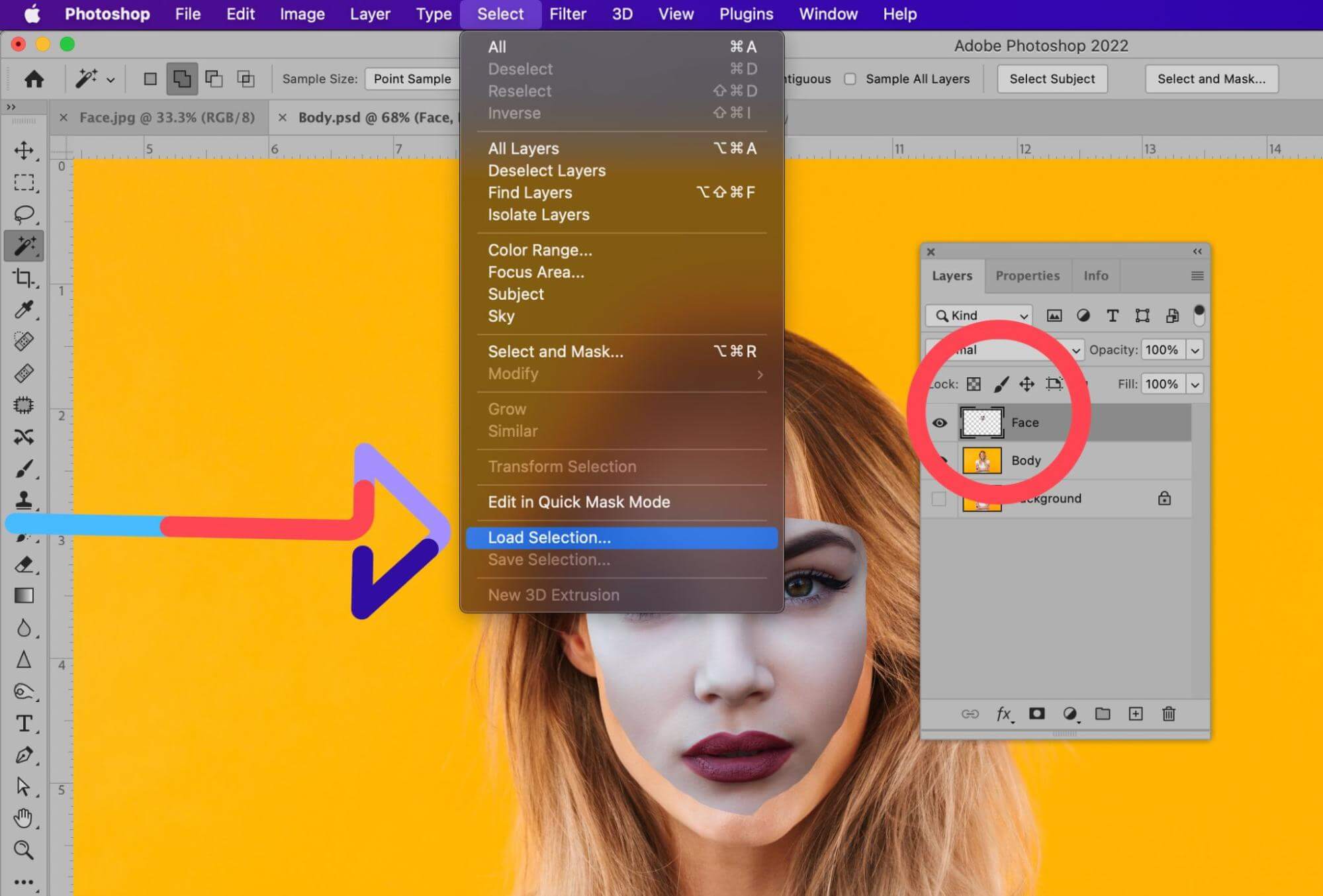 Photoshop screenshot showing  Select > Load Selection